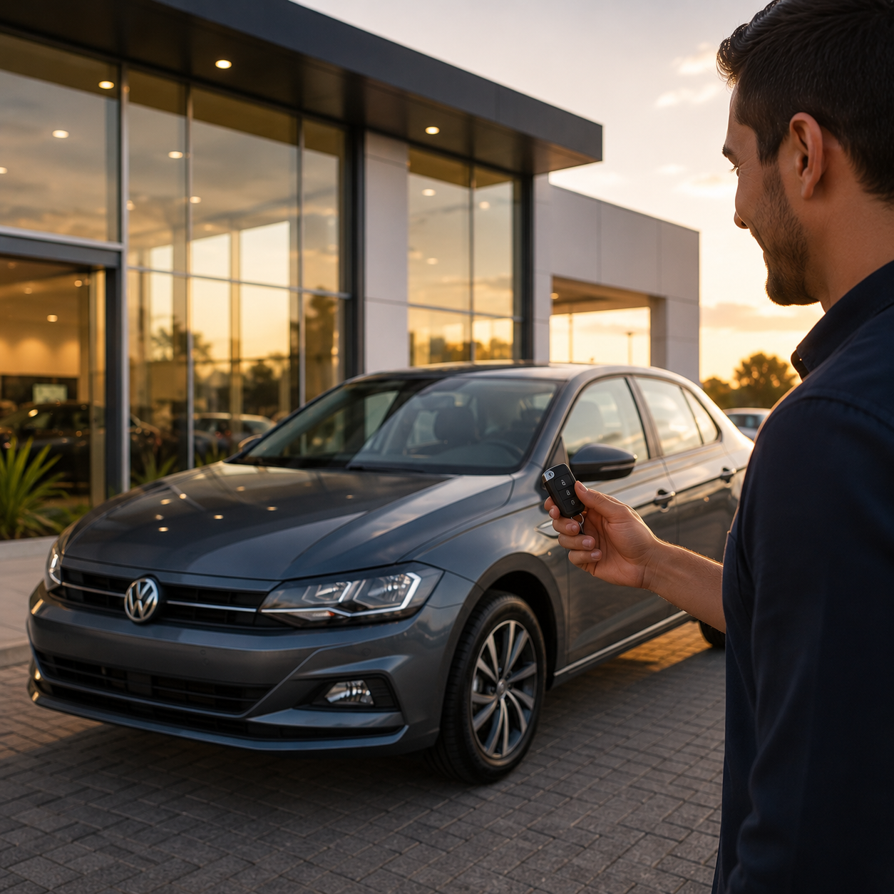 Homem sorrindo com chave do carro novo em concessionária