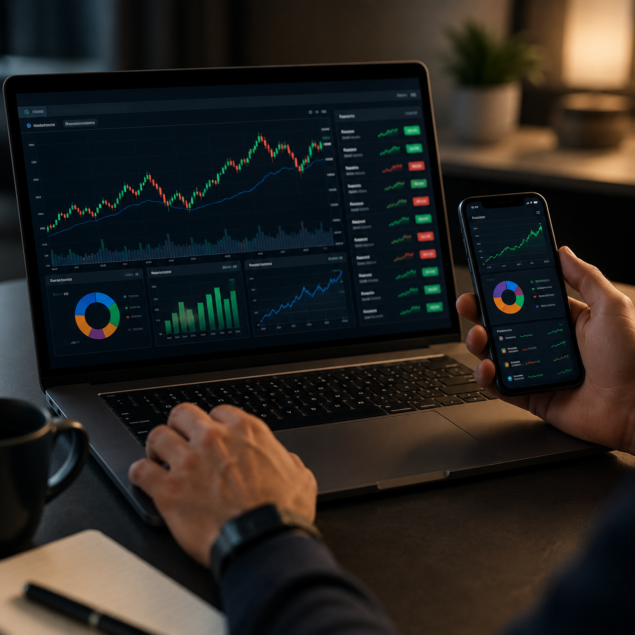 Investidor analisando gráficos de rendimento em notebook e celular