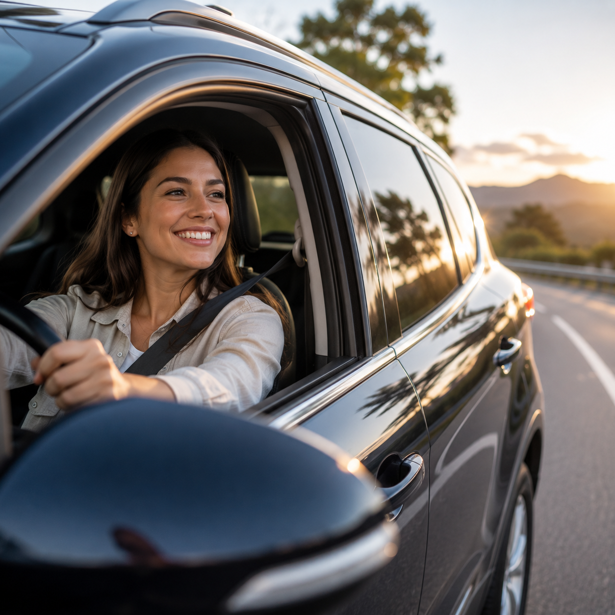Mulher sorrindo dirigindo carro ao entardecer